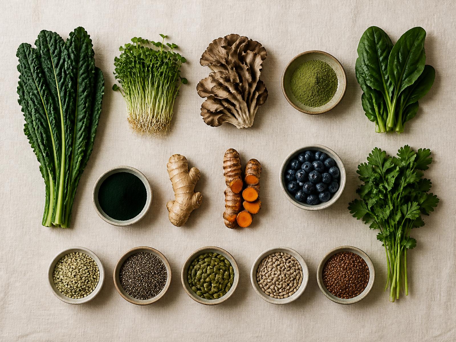 Flat lay of greens, mushrooms, herbs, seeds and powders
