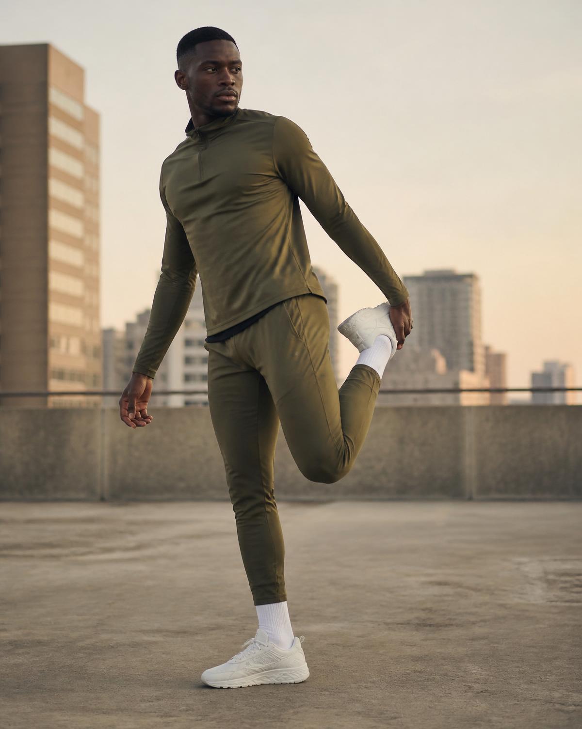 Athlete in olive technical wear stretching at dawn