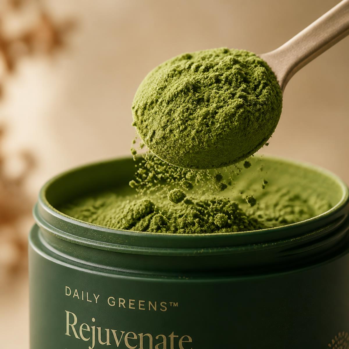 Single scoop of Verde greens powder being lifted from the canister